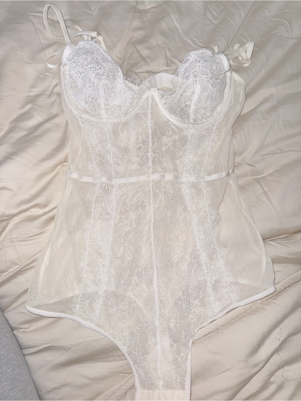 Sheer Lace Bodysuit with Underwire Cups - White